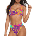 Retro Psychedelic Plasma Blast Sport Top & High-Waisted Bikini Swimsuit / Rave Set
