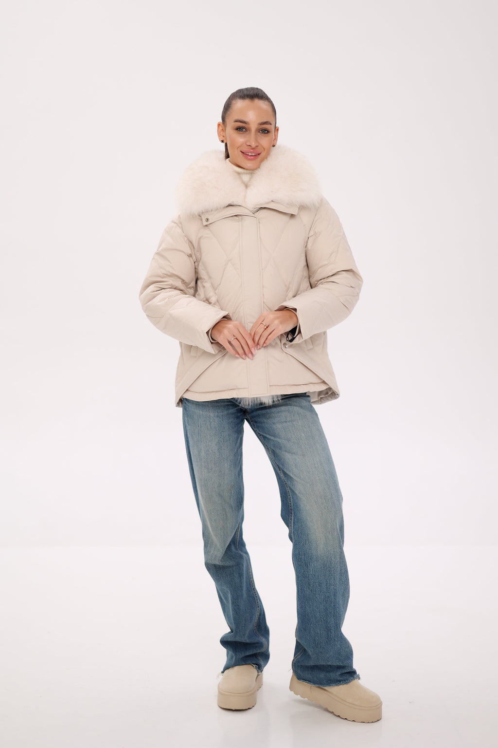 Genuine Polar Fox Fur Down Insulated Parka in Ivory