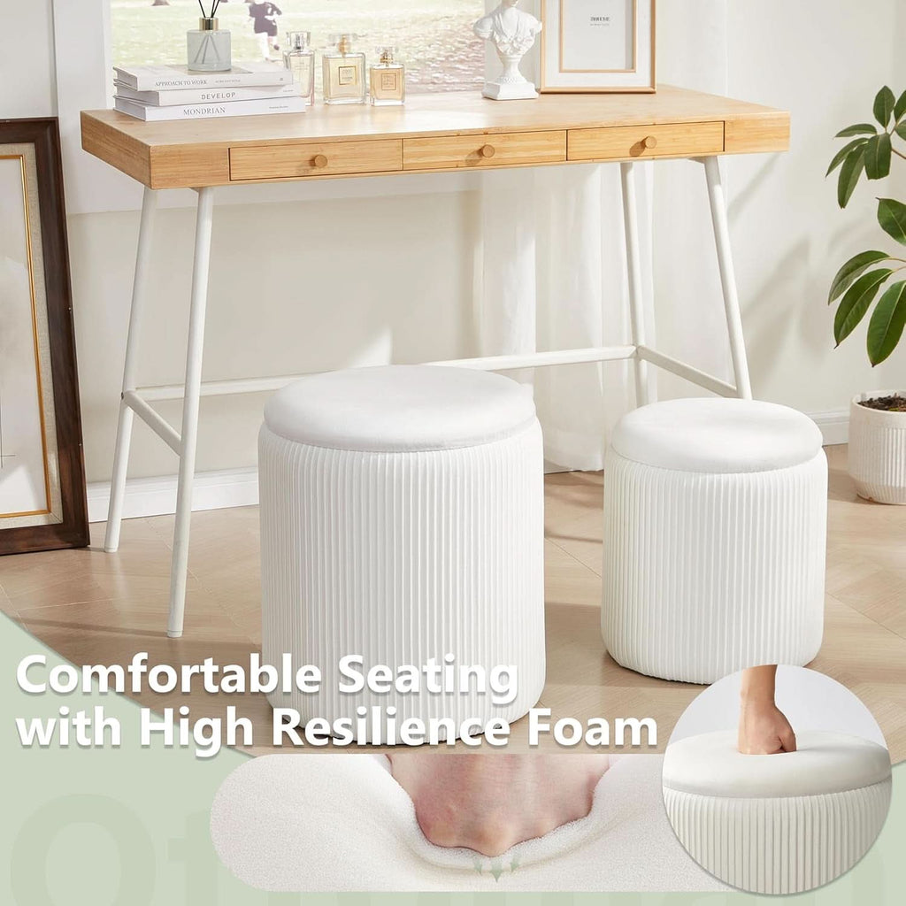 Compact Round Velvet Storage Ottoman TwoPack White
