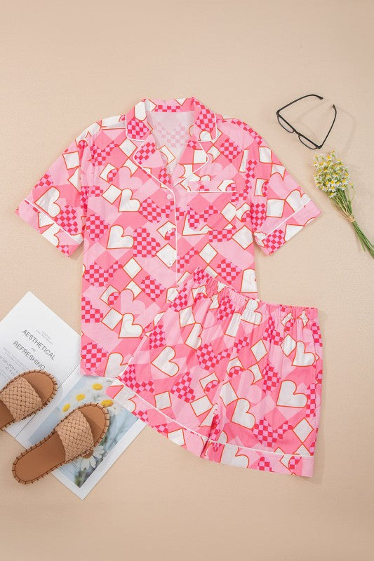 Heart Short Sleeve Shirt and Shorts Pajama Set