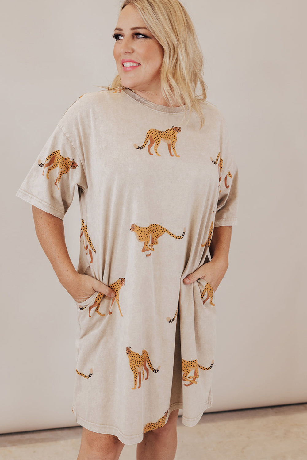 Apricot Cheetah Print Side Pockets T Shirt Mini Dress