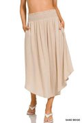 Woven Crinkle Smocked Waist Maxi Skirt W Pockets in SAND BEIGE