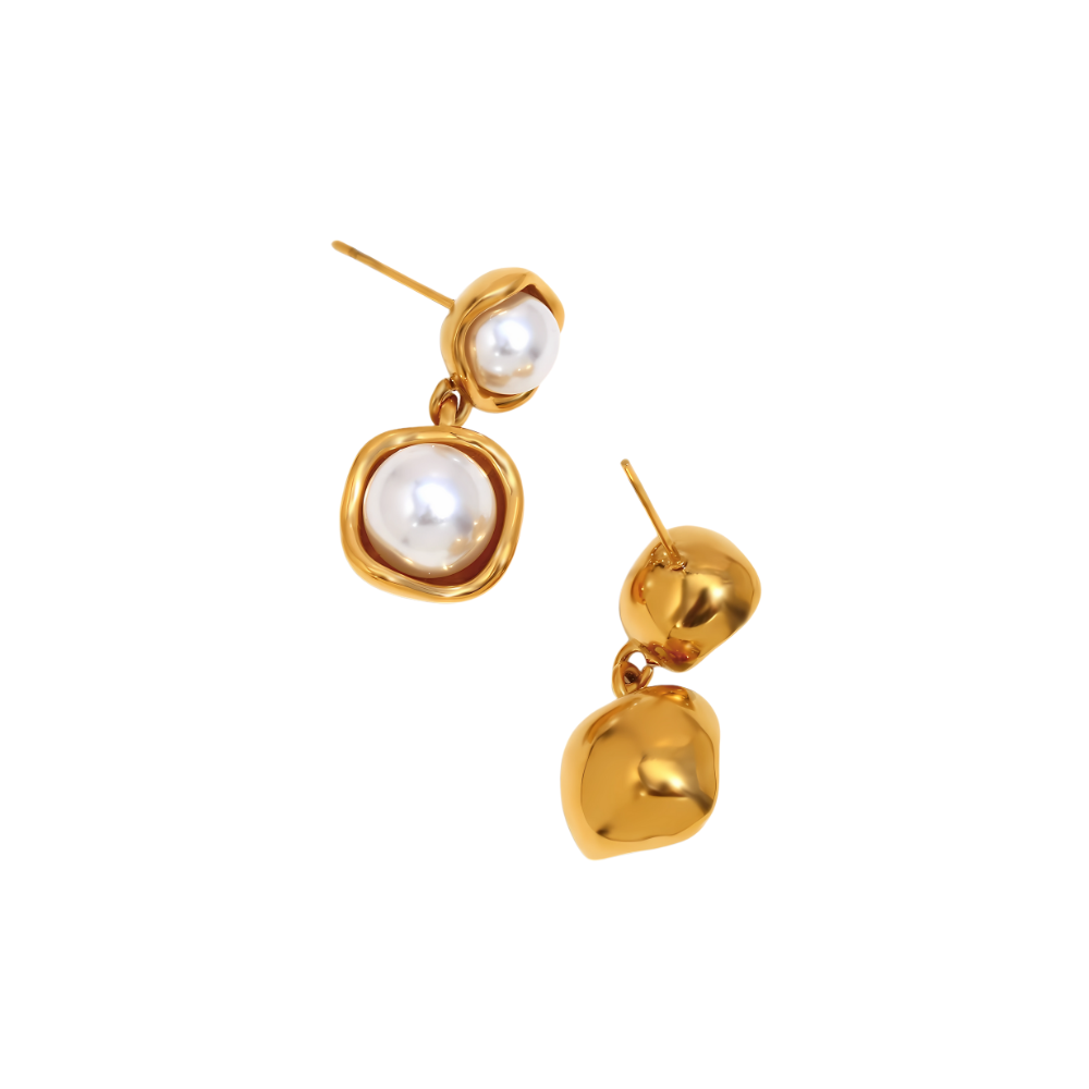 Double Pearl Drop Earrings 18K Gold Non Tarnish