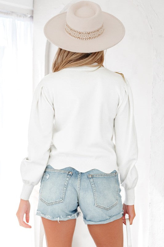 Floral Embroidered Scallop Hem Sweater