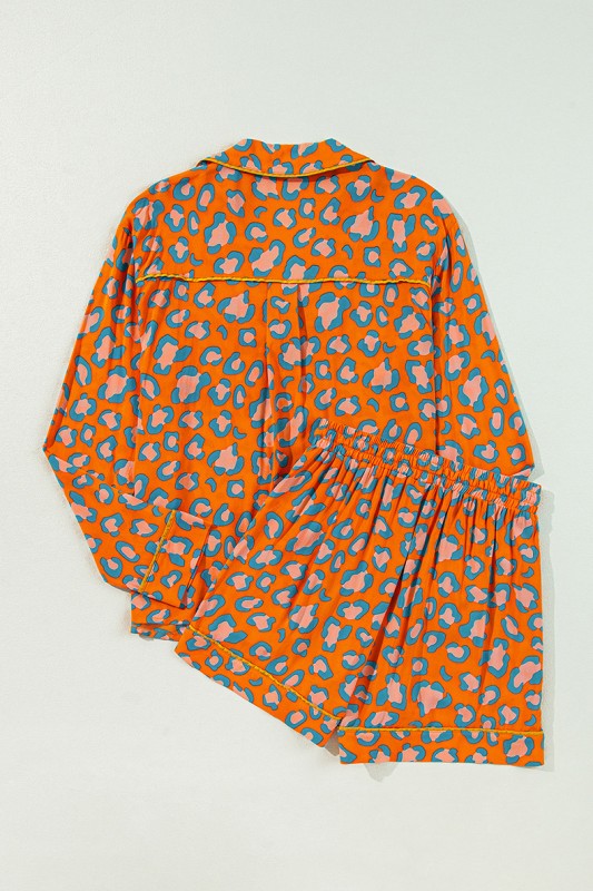Leopard Long Sleeve Shirt and Shorts Pajama Set