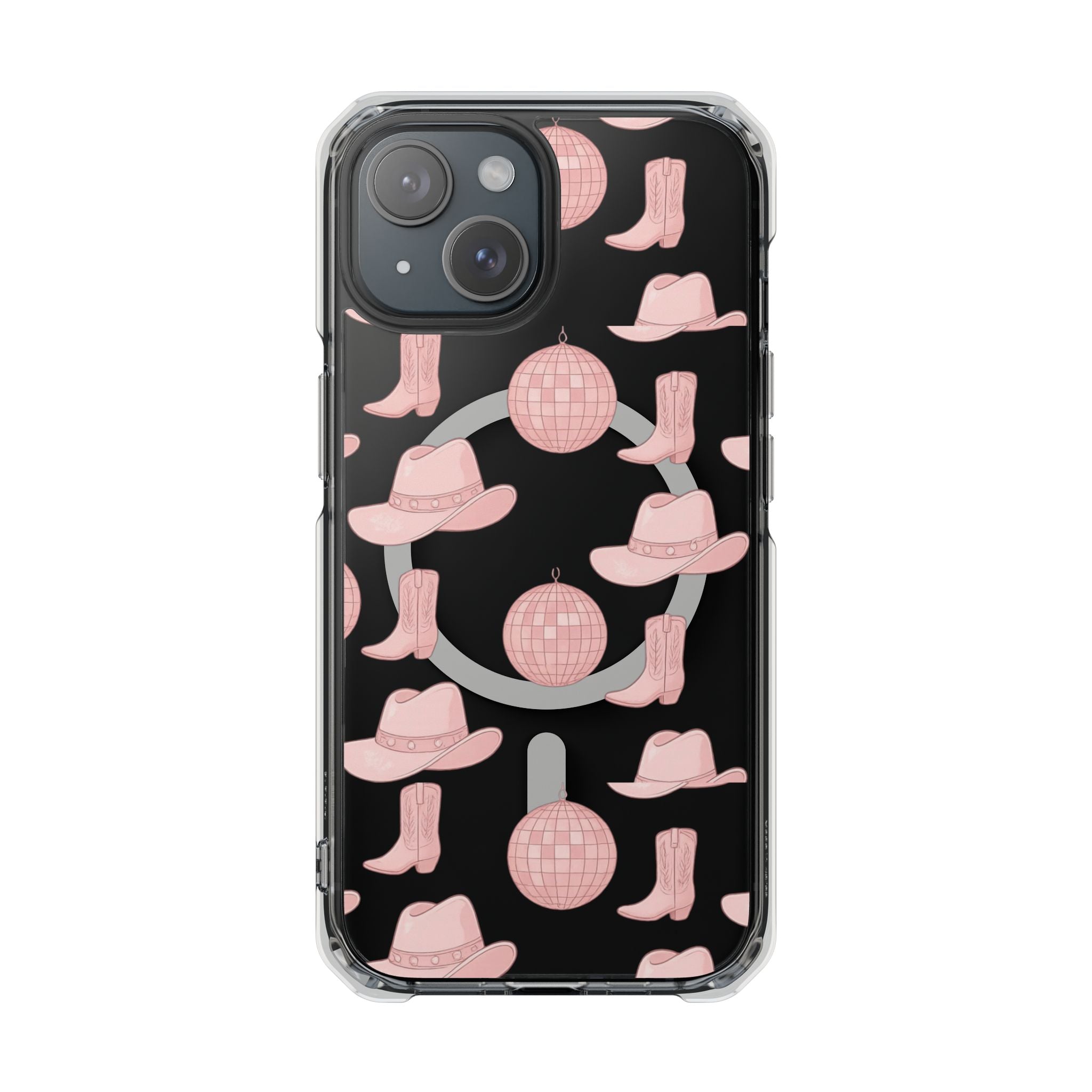 Clear Magnetic Phone Case — Pink Disco Hat & Boot Pattern