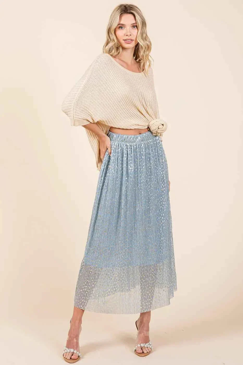 Metallic Glitter Speckle Print Elastic Midi Skirt