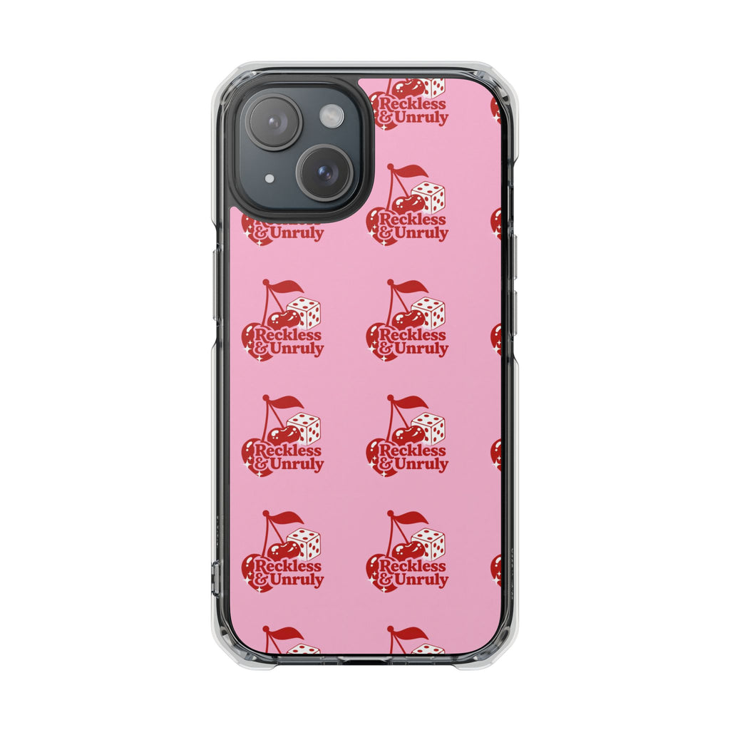 Clear Magnetic Phone Case — Pink ‘Reckless & Unruly’ Repeat Logo