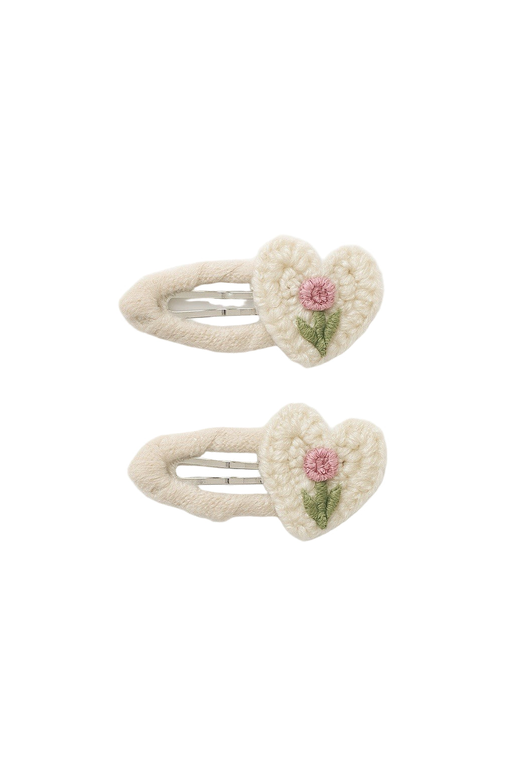 White Heart Flower Crochet Fabric 2 Piece Hair Clip Set