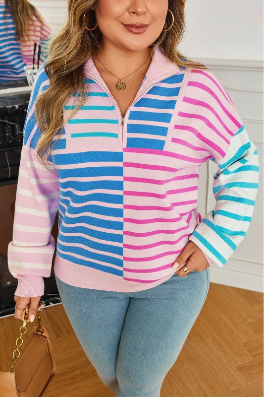 Stripe Colorblock Half Zip Sweater