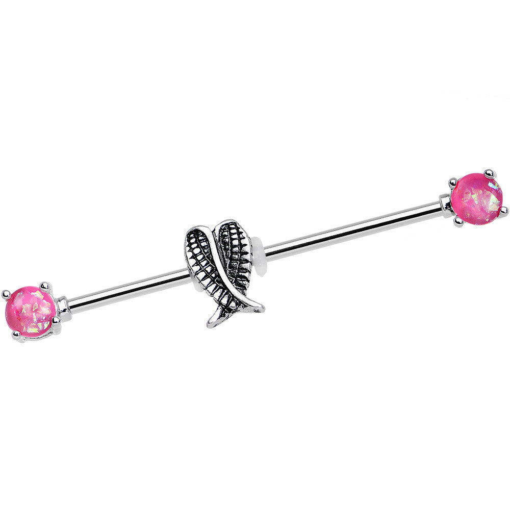 14G Pink Faux Opal Sheathed Wings Industrial Barbell 38mm