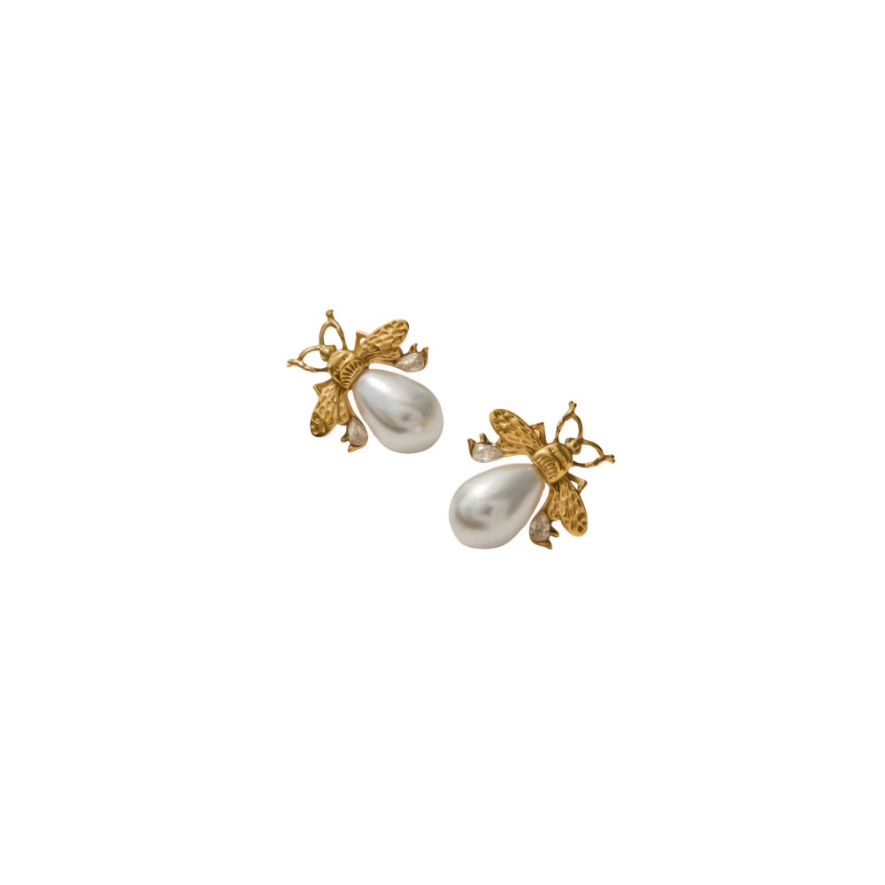 Pearl Bee Stud Earrings 18k Gold Non Tarnish