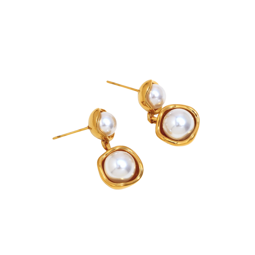 Double Pearl Drop Earrings 18K Gold Non Tarnish