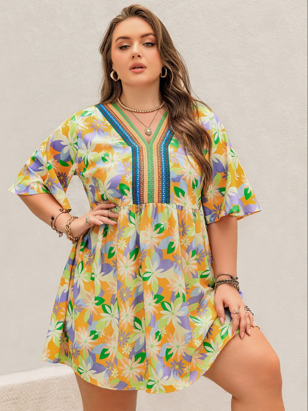 Printed V-Neck Half Sleeve Mini Dress