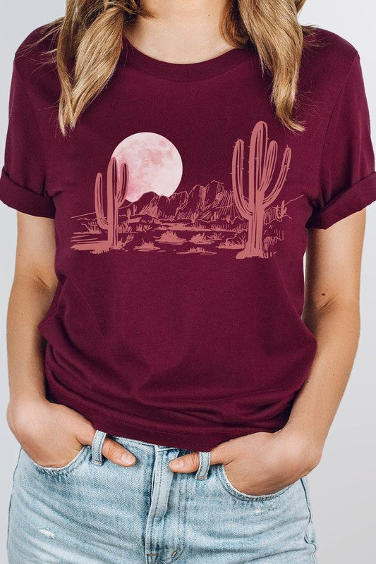 Pink Moon Night Desert Scene Cacti Graphic Tee T-Shirt