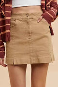 Khaki Comfort Stretch Cotton Slit Detailed Mini Skirt
