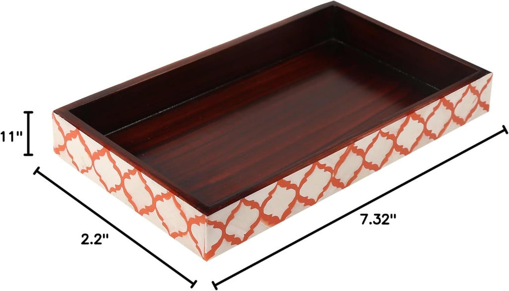 Vanity Trays Moroccan Pattern Bone & Resin inlay, White & Red, 10" x 6"
