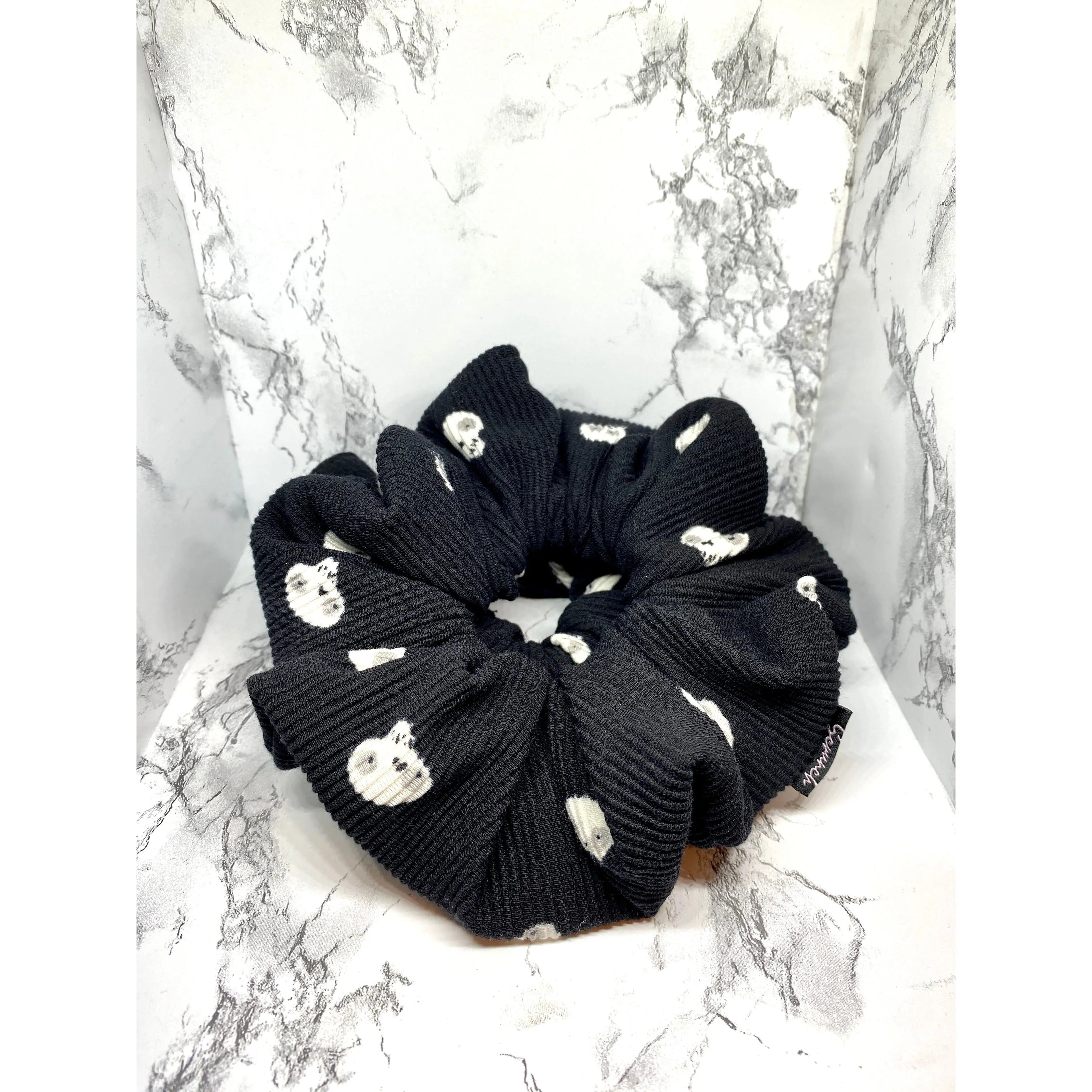 Black Skulls Halloween Ribbed Scrunchie