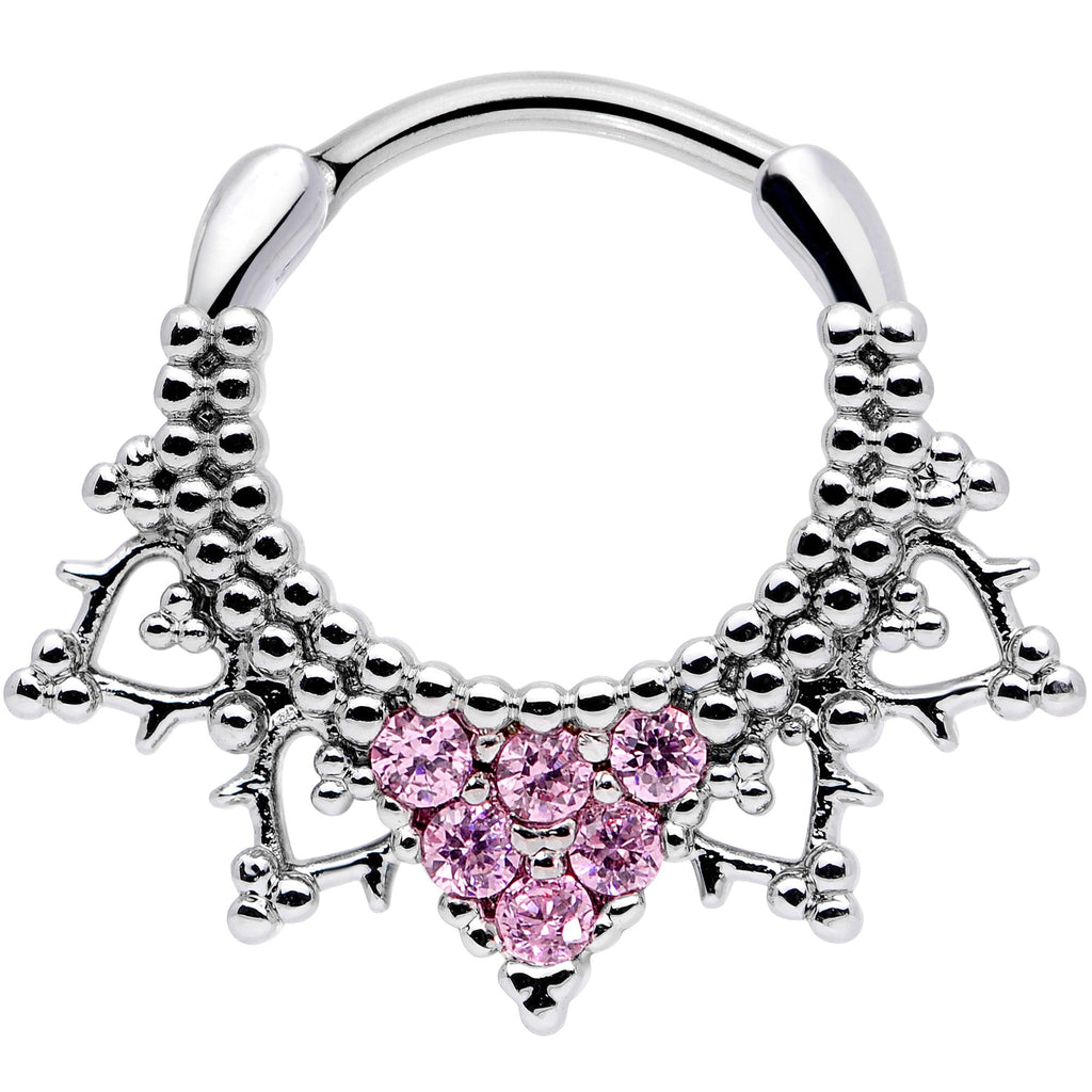 16G 3/8 Pink CZ Gem Triangle Ornate Septum Clicker