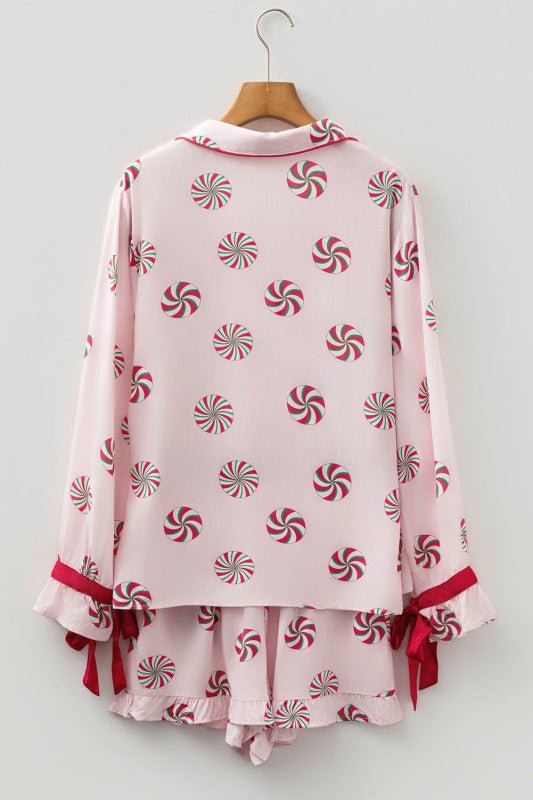 Christmas Bow Top and Ruffle Shorts Pajama Set