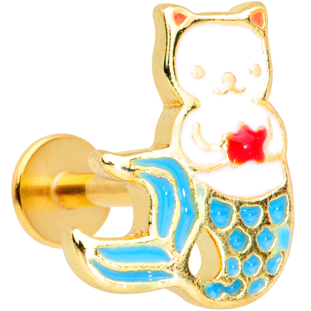16G 5/16 Gold Tone Blue White Mermaid Cat Labret Monroe Tragus