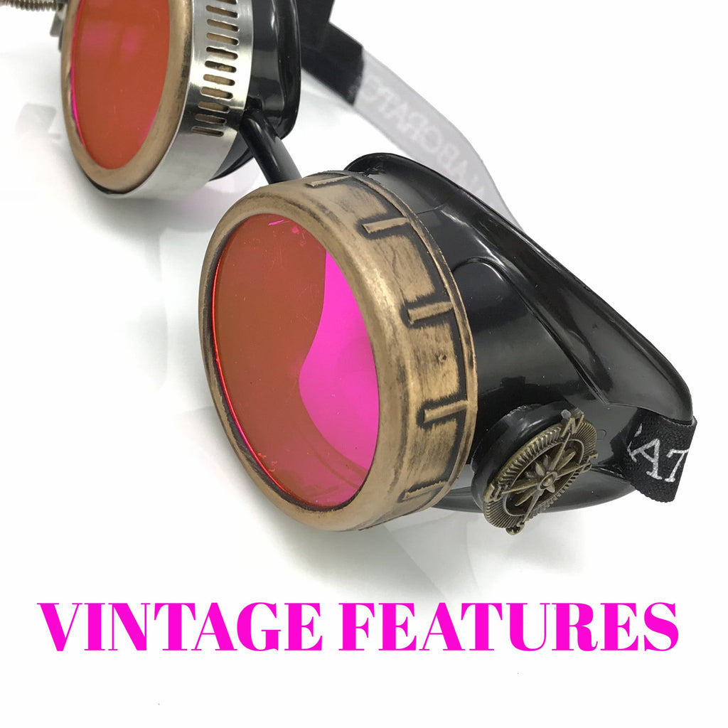 Steampunk Goggles with magnifying loupes UV glow neon pink lenses
