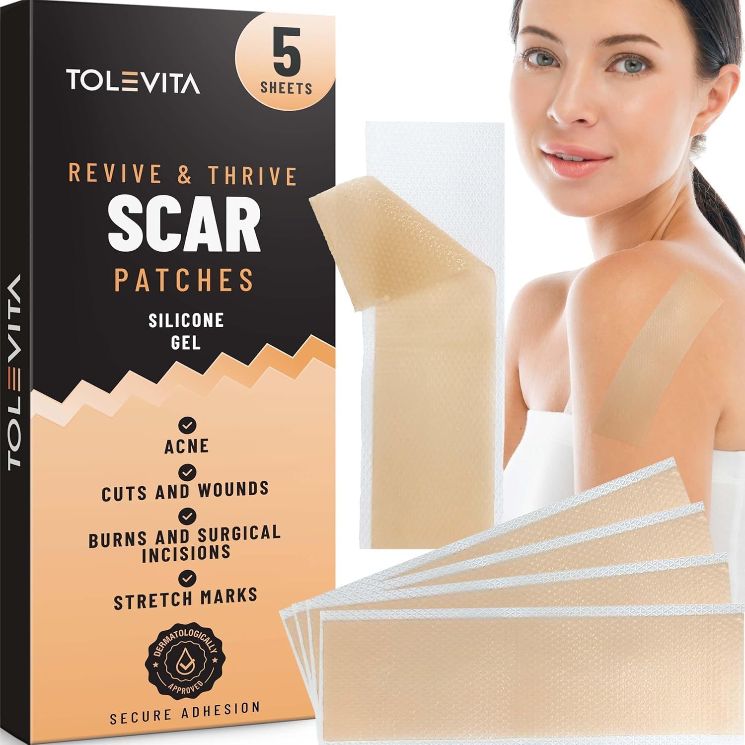 Silicone Scar Patches, Gel Sheets for Scar Removal & Stretch Marks, 5 Sheets