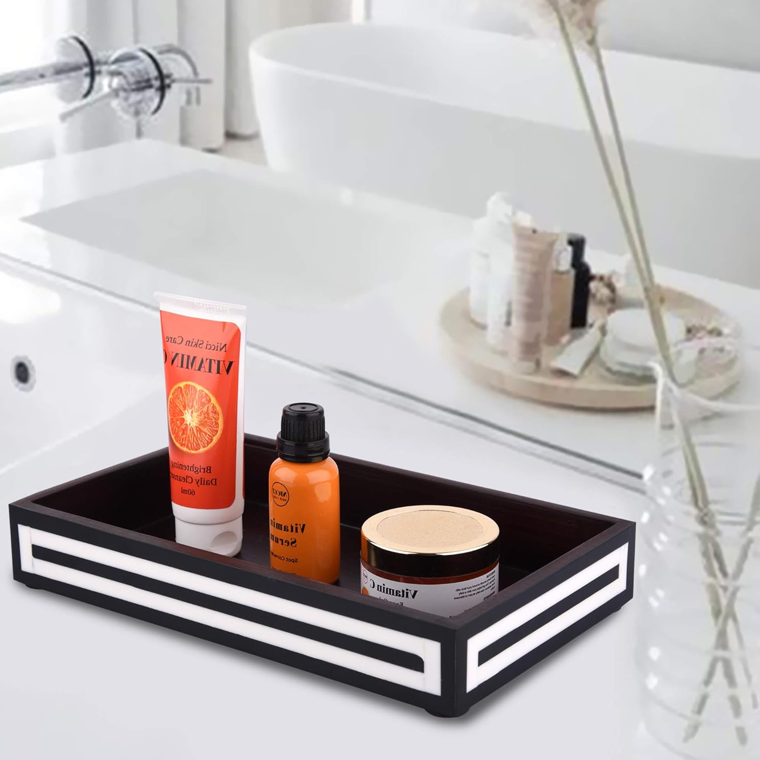 Vanity Tray Parlour Concentric Bone & Resin Inlay, Black & White - 10" x 6"