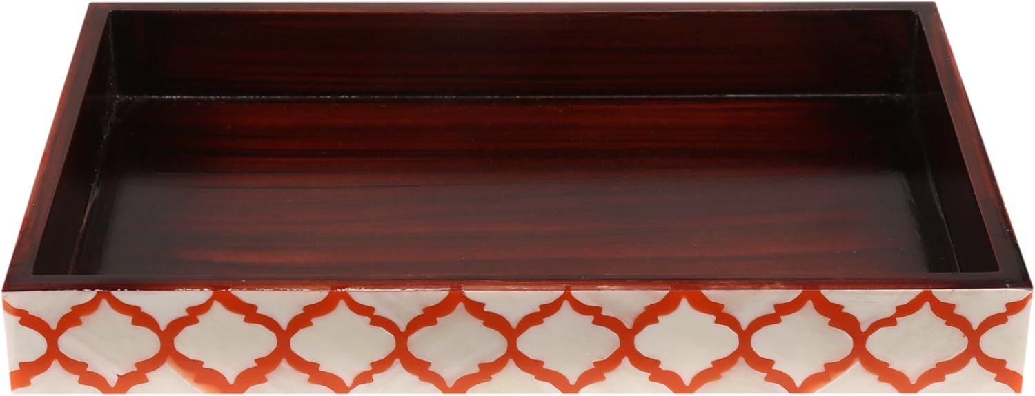Vanity Trays Moroccan Pattern Bone & Resin inlay, White & Red, 10" x 6"