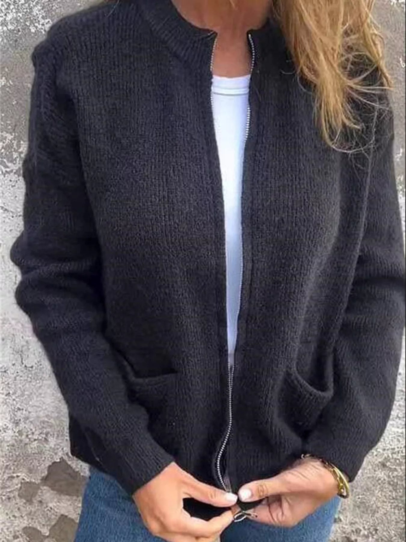 Full Size Zip Up Ribbed Knit Cardigan with Front Pockets Plus Size