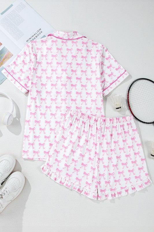 Pink Short Sleeve and Ruffled Shorts Pajama Set