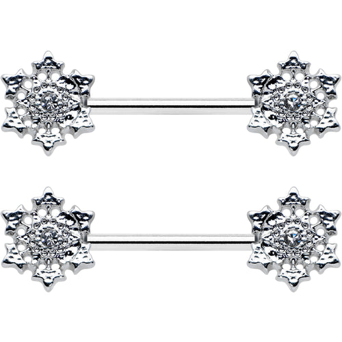 14G 9/16 Clear Gem Filigree Winter Snowflake Nipple Ring Set