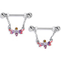 14G 9/16 Purple Yellow Gem Dragonfly Stripe Dangle Nipple Ring Set