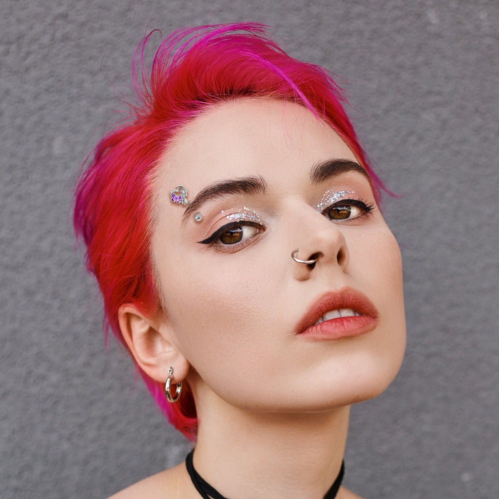 16G 5/16 Clear CZ Gem Butterfly Rose Purple Curved Eyebrow Ring