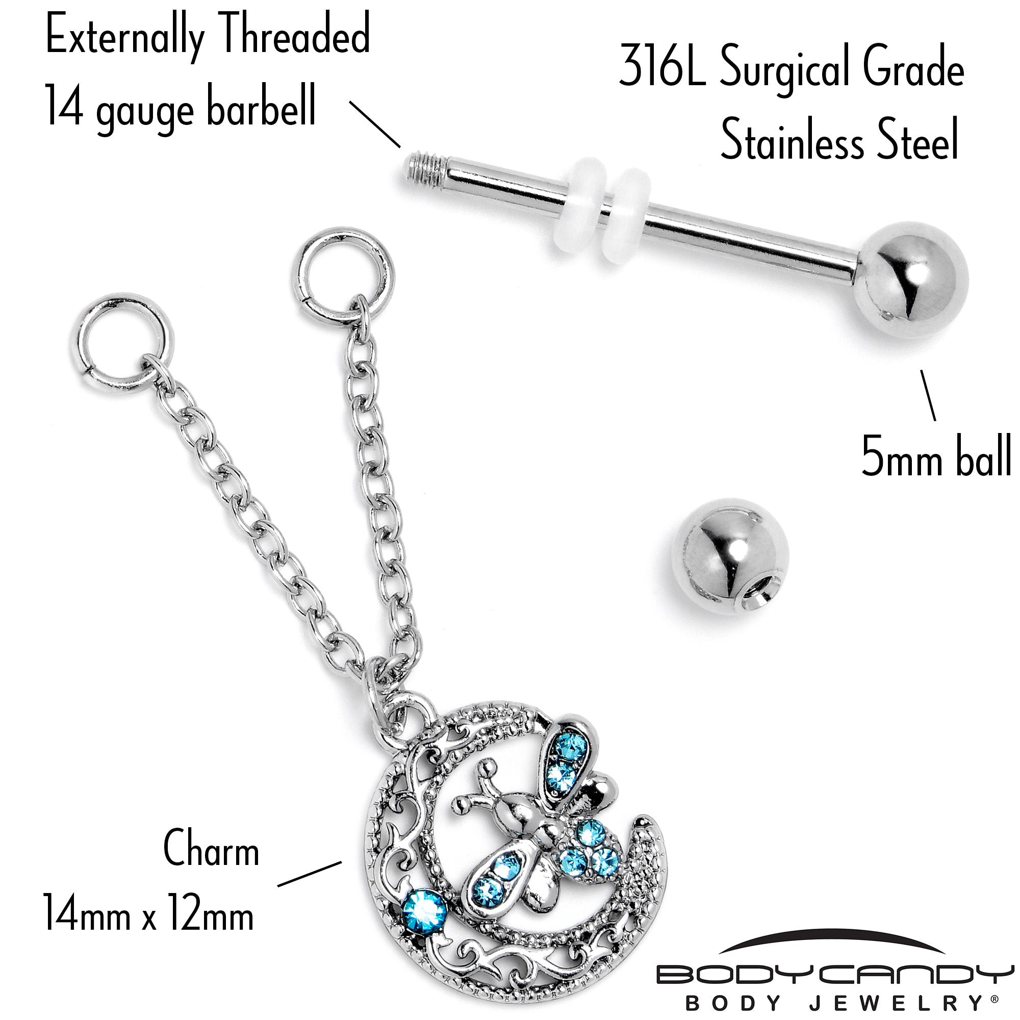 14G 9/16 Blue Gem Lunar Dragonfly Chain Dangle Nipple Ring Set