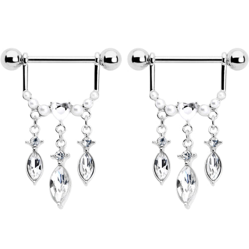 14G 9/16 Clear Gem Heart Triple Drop Dangle Nipple Ring Set
