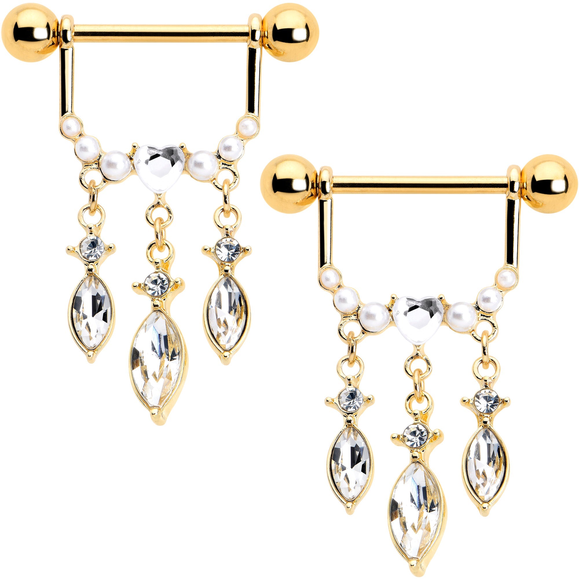 14G 9/16 Clear Gem Gold Tone Heart Triple Dangle Nipple Ring Set