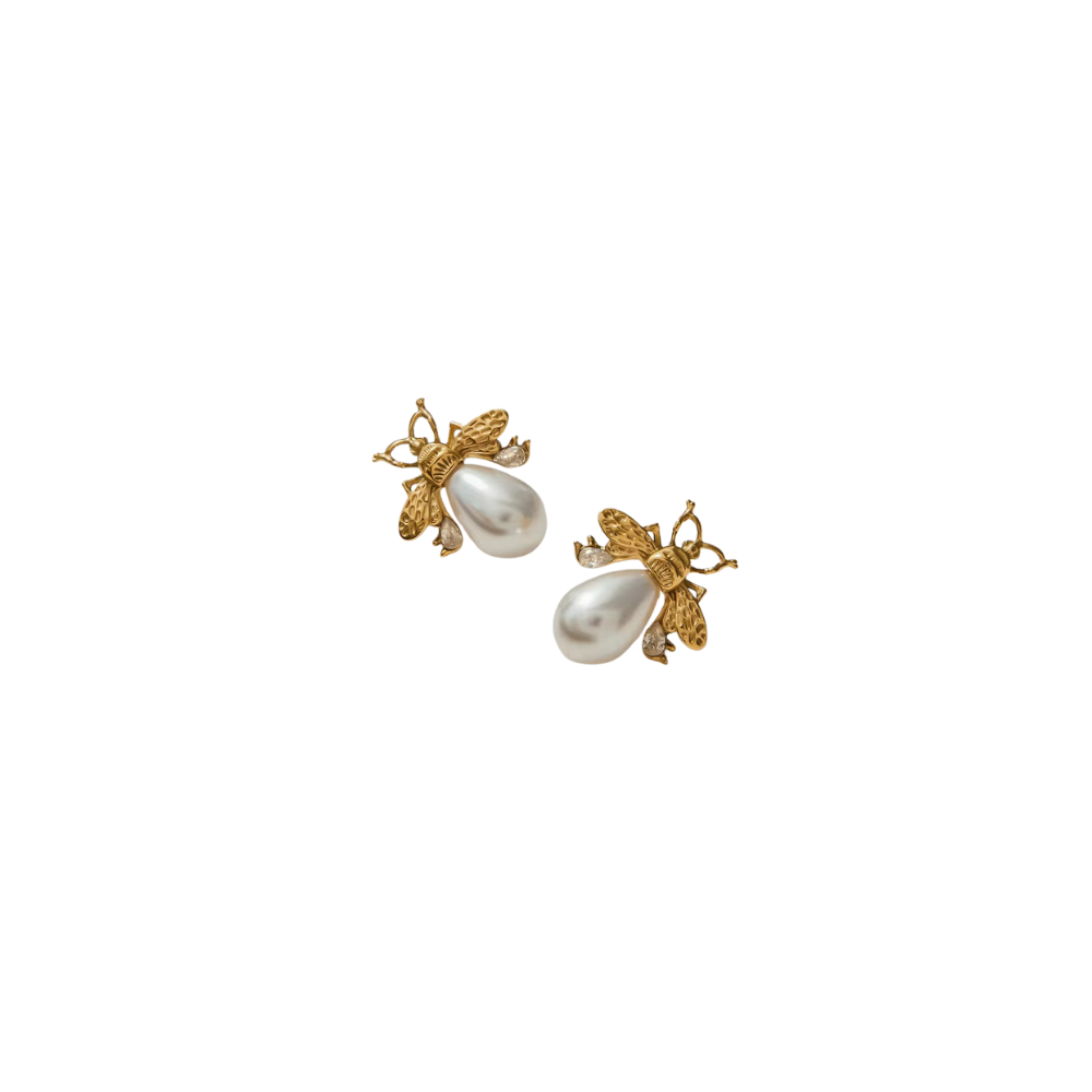 Pearl Bee Stud Earrings 18k Gold Non Tarnish