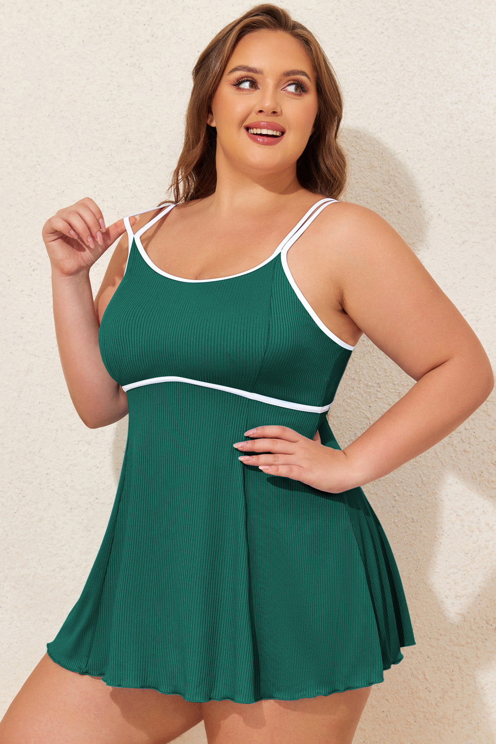 Skobeloff Ribbed Contrast Trim Adjustable Straps 2pcs Swimsuit
