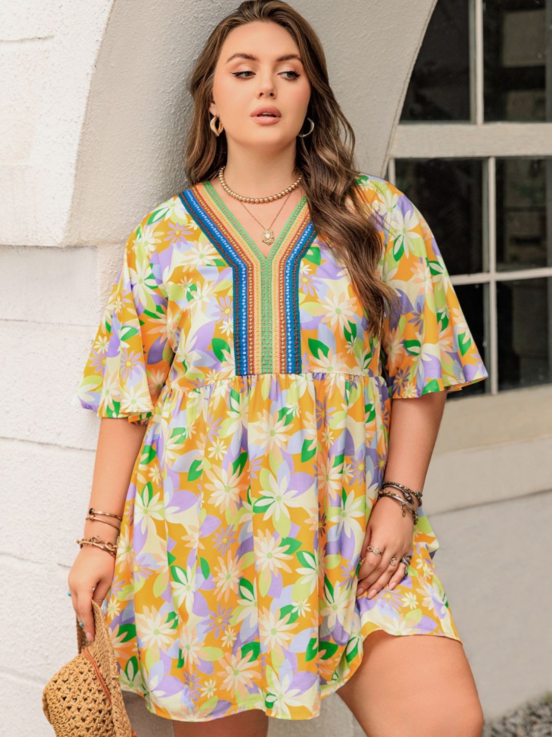 Printed V-Neck Half Sleeve Mini Dress