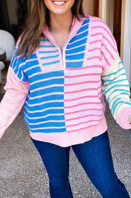 Stripe Colorblock Half Zip Sweater