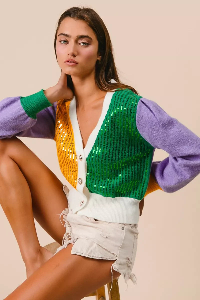 BiBi Mardi Gras Color Block Sequin Sweater Cardigan