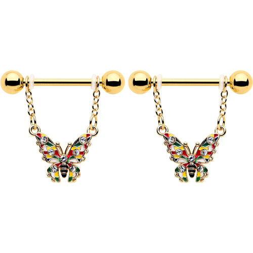 14G 9/16 Clear Gem Gold Tone Color Block Butterfly Dangle Nipple Ring Set