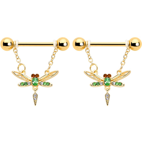14G 9/16 Green Gem Gold Tone Swank Dragonfly Dangle Nipple Ring Set