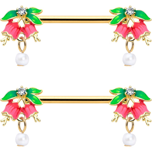 14G 9/16 Clear CZ Gem Gold Hue Bell Flower Barbell Nipple Ring Set