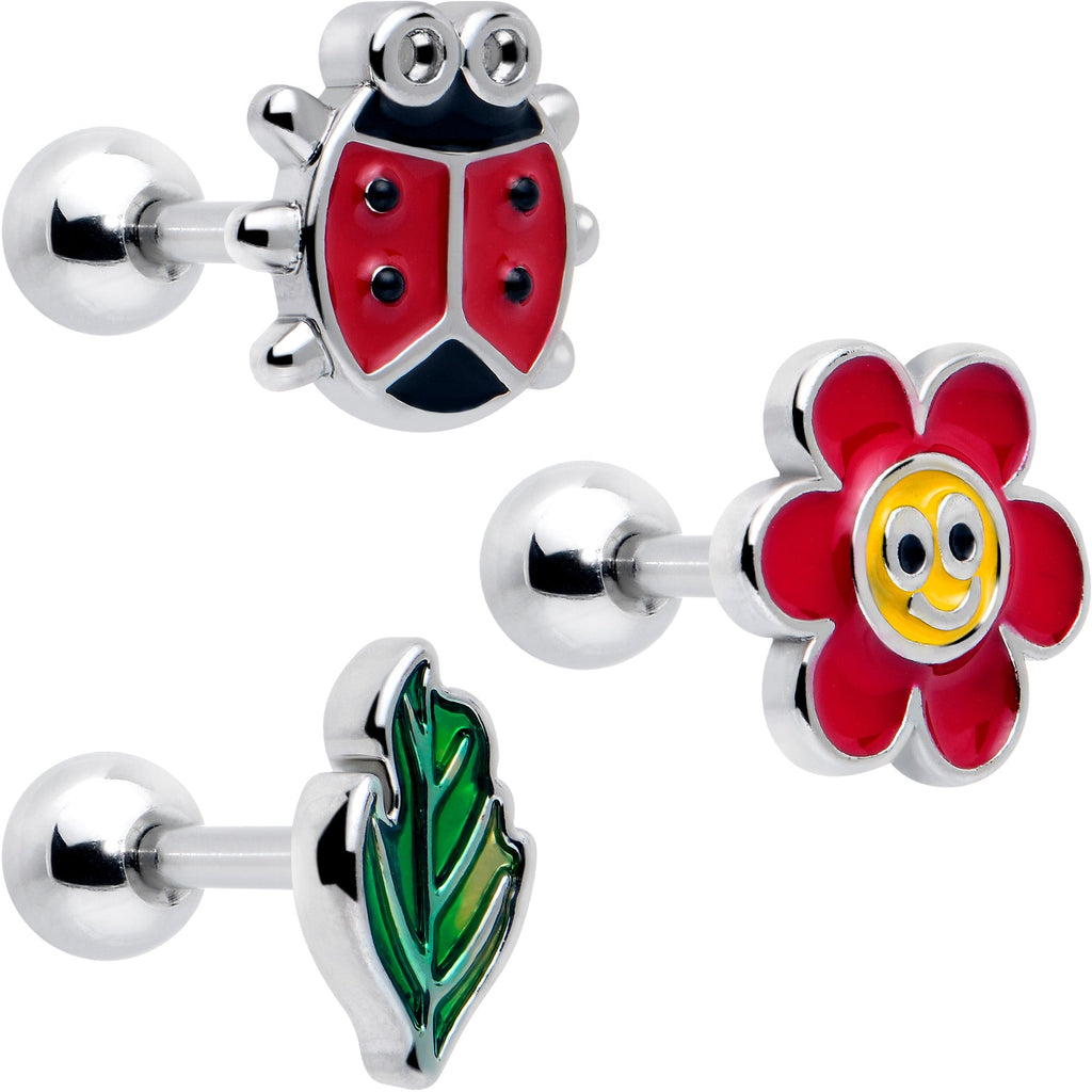 16G 1/4 Ladybug Hippie Flower Cartilage Tragus Earring Set of 3