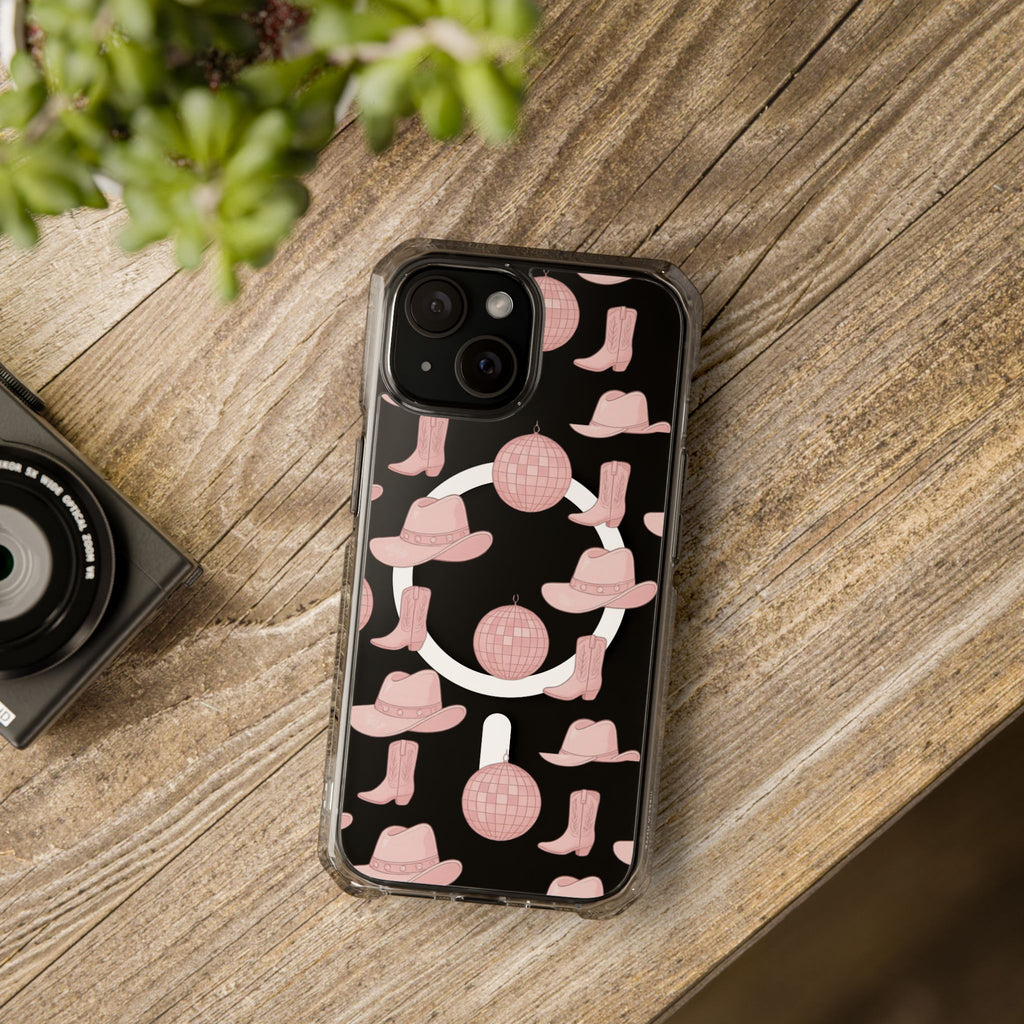 Clear Magnetic Phone Case — Pink Disco Hat & Boot Pattern