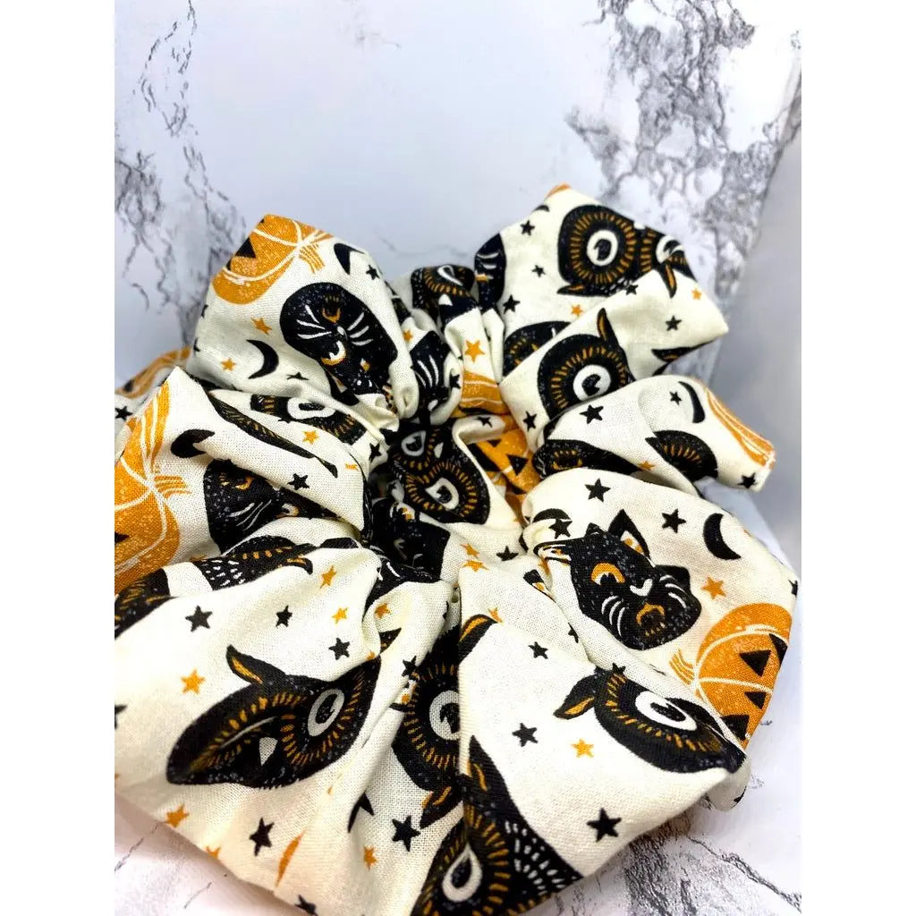 White Cat and Owl Heads Halloween Scrunchie