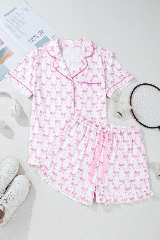 Pink Short Sleeve and Ruffled Shorts Pajama Set