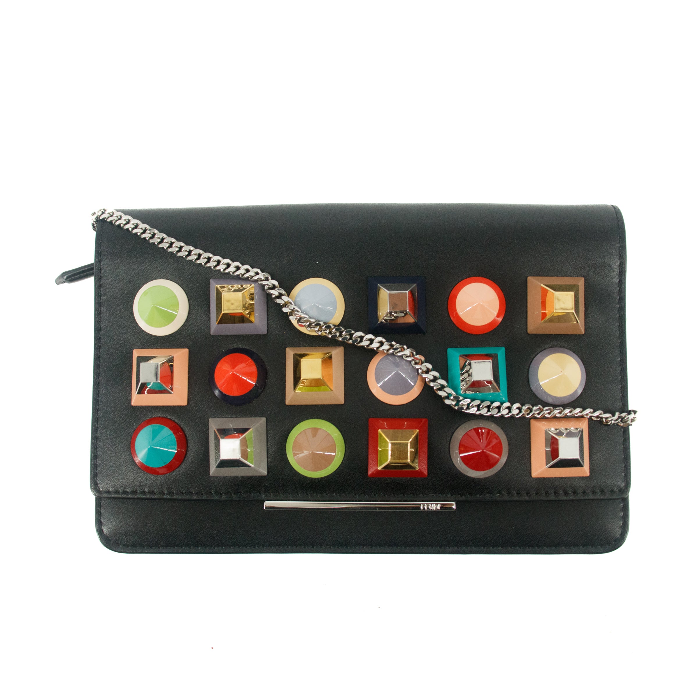 Fendi Chain Wallet Studs Leather Black Multicolor #9209